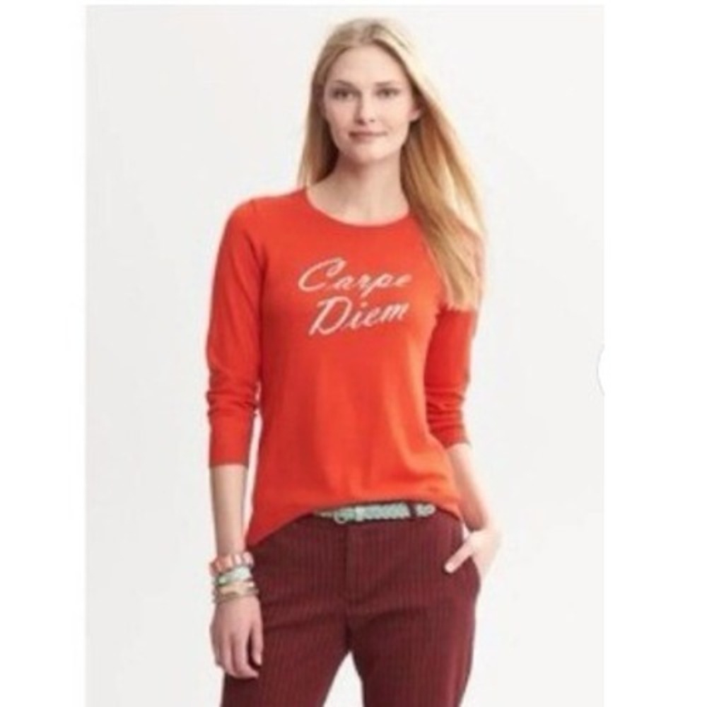 Banana Republic Carpe Diem Graphic Silk Blend Crewneck Sweater Orange Womens XS